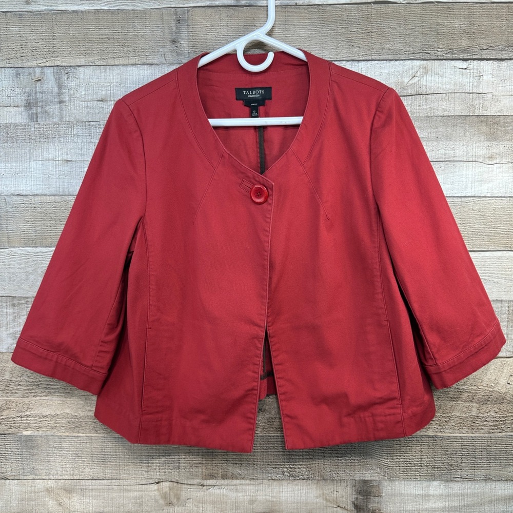Talbots Womens Red Swing Cropped 3/4 Sleeve Stretch Cotton Jacket Blazer Size 12